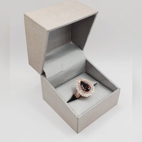 Smoky Quartz & Diamond Simulants 18k Rose Gold - 925 Silver Double Halo Ring - Picture 6 of 6